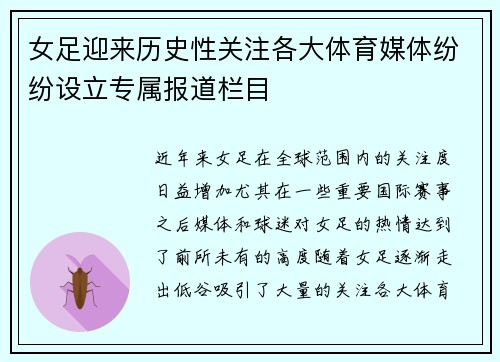 女足迎来历史性关注各大体育媒体纷纷设立专属报道栏目 女足迎来历史性关注各大体育媒体纷纷设立专属报道栏目